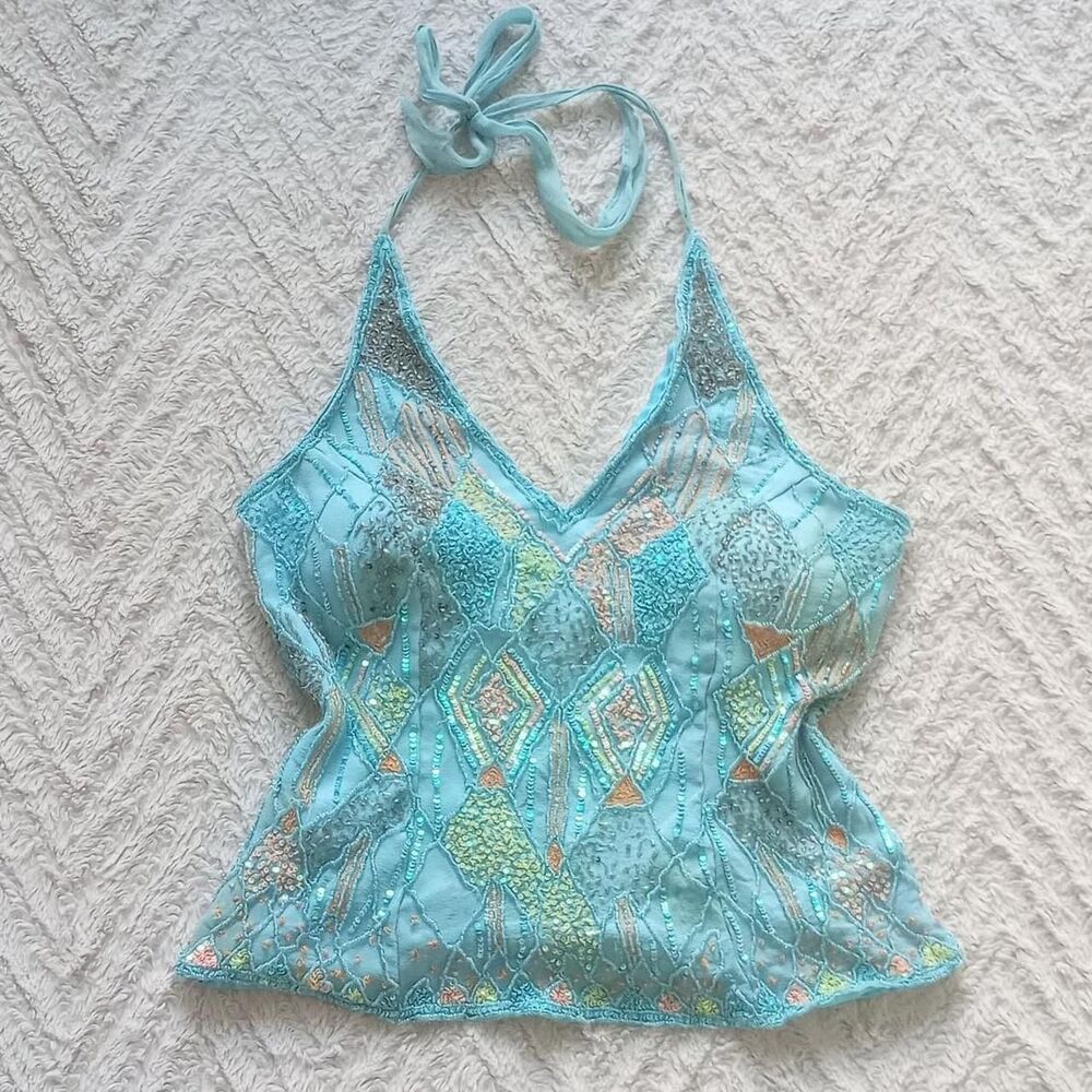 Y2K Aftershock Silk Beaded Mermaid Halter Top